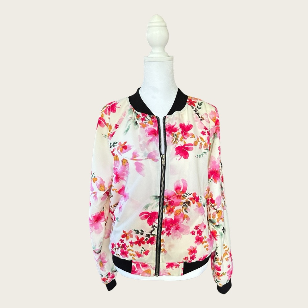 Sanctuary Pink Floral Bomber Jacket, Size M